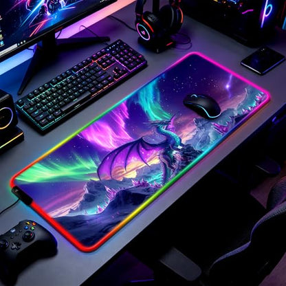 RGB Fantasy Aurora Scenery and Dragon Gaming Desk Mat, Computer Keyboard Large Extended Long LED Mouse Pad for Office and Home, XL (W06) - color: Rgb-w06