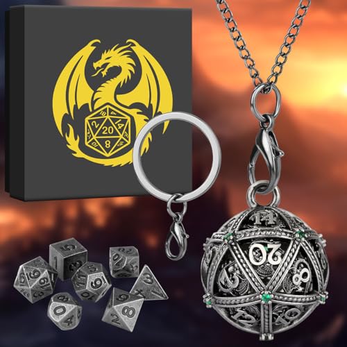 Mini DND Dice Set with Spherical Hollow D20 Metal Case Portable Keychain Necklace, Tiny 7pcs Polyhedral D&D Dice Set, DND Gifts with Gift Box, D&D Accessories for RPG（Green Diamond, Silver） - color: Dark Silver