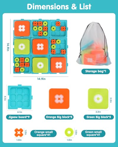 Tic Tac Toe Game for Kids & Adults Ages 6+, 9-in-1 Detachable Board, 2 Game Modes, 15-Min Games, Portable Travel Family Board Game with Storage Bag, XO Strategy Gift for Boys Girls BPA-Free