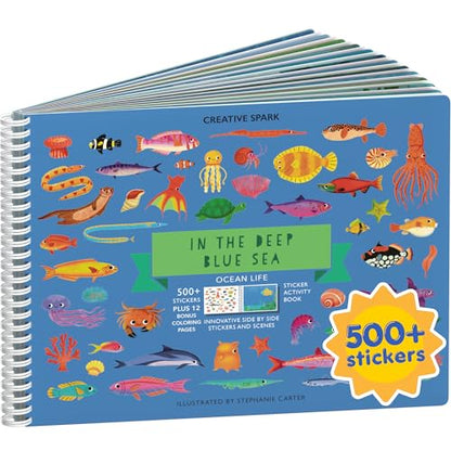 Ocean 500+ Kids Sticker Book by Cupkin Toddler Airplane Travel Activity Coloring and Sticker Book, Road Trip Essentials, 12 Coloring Pages 12 Scenes for Ages 2–8 Years - color: Deep Blue Sea