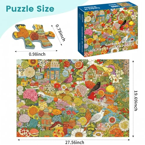 1000 Piece Puzzle for Adults, Colorful Botanical Fantasy Garden with Birds & Houses, Premium Matte Finish, Thick Blue Cardboard, Fun and Challenging Jigsaw Puzzles for Nature Lovers - color: Garden of Whimsy