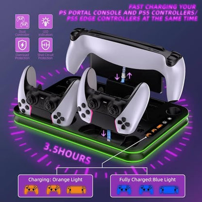 PlayStation Portal Charger, PS5 Stand and Cooling Station with RGB LED Controller Charging Dock Accessories, PS5 Edge Controller and PS Portal Charger, Headset and Remote Holders - color: Black