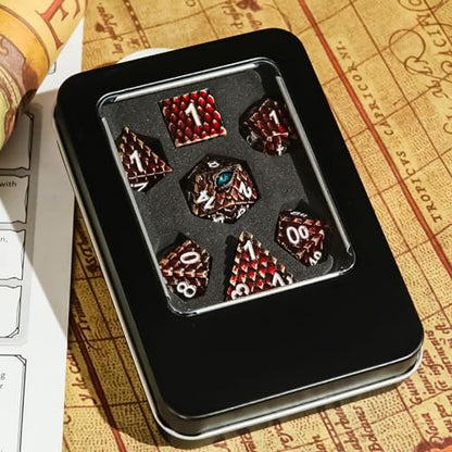 Metal Dice Set D&D,7 PCS Dragon Scale Metallic DND Dice Set,Dragon Eye Metal Dice with Grogeous Gift Case for Dungeons and Dragon Tabletop Game (Reddish Brown Dragon Scale & Cyan Eye) - color: Reddish Brown Dragon Scale & Cyan Eye