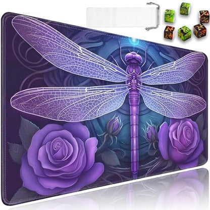 for MTG Game Playmat - 24 x 14 inches with Dices and Storage Bags, Non-Slip Base for TCG and Board Game Card Mats, Trading Card Games Mat, Dragonfly in Purple Rose Pattern Collectible Card Playmats - color: Jv-playmat-p7-1-d102