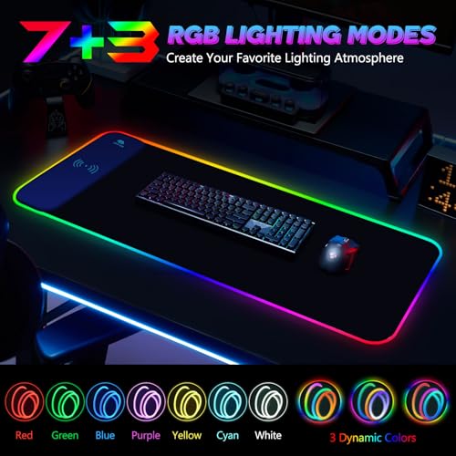 RGB Gaming Mouse Pad with Wireless Charging, Large LED Mouse Pad with 10 Light Modes, Extended Keyboard Pad Non-Slip Rubber Base,Waterproof Desk Pad for Home Office, Black - color: Black