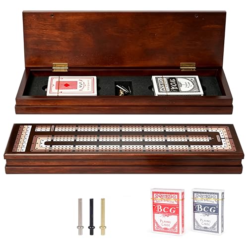 Rinten Solid Wood Cribbage Board Game Set for 2-4 Players with Cards | Classic card strategy game, integrated storage, durable metal pegs, playing cards included, wooden gift for adults - color: Brown
