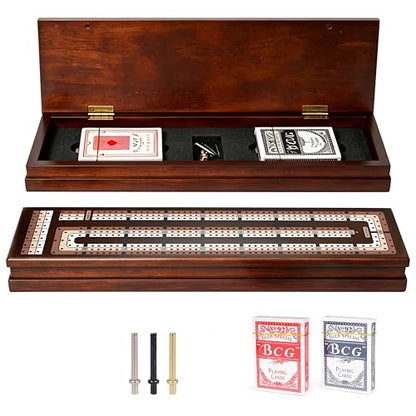 Rinten Solid Wood Cribbage Board Game Set for 2-4 Players with Cards | Classic card strategy game, integrated storage, durable metal pegs, playing cards included, wooden gift for adults - color: Brown