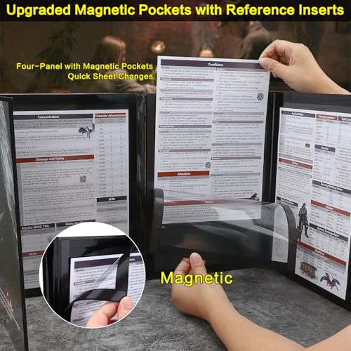 Haxtec DND DM Screen with Magnetic Pockets - 4 Panel Replaceable A4 Vertical Screen for Dungeons and Dragons, TTRPG, Warhammer, Shadowrun - Dry Erase, Eco Friendly Paper, Gift for Dungeon Masters - color: Black & Magnetic