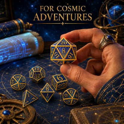 Radiant Array Metal DND Dice Set, 7-Piece RPG Dice | Solid zinc alloy dice with weighty feel, raised numbers, blue gold cosmic design, and a collector box for RPG play. - color: Blue