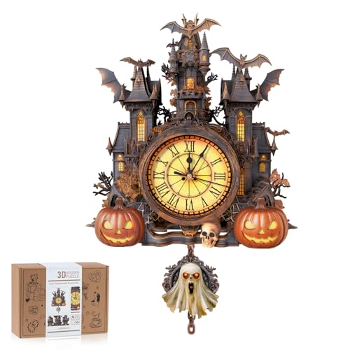 3D Puzzles for Adults, Halloween Cottage Clock with Pendulum Model Kit, 3D Wooden Puzzles for Adults Room Home Decor DIY Clock Kit, Holiday Birthday Gifts for Men Women Teens - color: Halloween Cottage