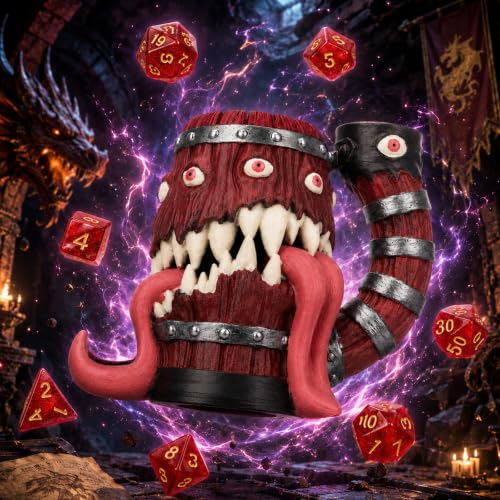 Dice Tower Mug, Dice Rolling Tower, Comes with 7 PCS Dice Set, Suitable for DND Dungeons and Dragons, Tabletop Games, Available As Drink Holder, D&D Gifts, DND Accessories (Wine-red Tongue) - color: Wine-red Tongue