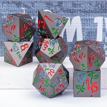 Gothic DND Dice Set Bleeding Rose Metal D and D Dice for use with Dungeons Dragons D&D Role Playing Game, Purple Green RPG Blood Polyhedral Dice Set D20 D12 D10 D8 D6 D4 - color: Purple Green&black&red Numbers