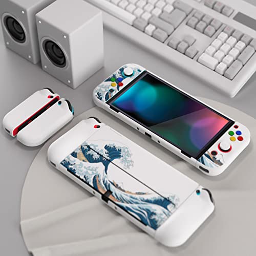 PlayVital AlterGrips Protective Slim Case for Nintendo Switch OLED, Ergonomic Grip Cover for Joycon, Dockable Hard Shell for Switch OLED w/Thumb Grip Caps & Button Caps - color: The Great Wave off Kanagawa