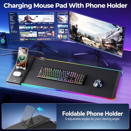 KDD RGB Mouse Pad with Wireless Charging - Desk Mat with Phone Holder and 15W Fast Charger - Gaming Mousepad with Ultra-Smooth Surface, Non-Slip Base - Keyboard Mat for Home Office Gamer Accessories