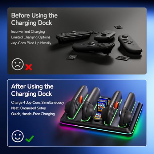 Controller Charging Dock for Switch 2 Joy-Con with RGB Light - 4-in-1 Fast Charger Station for Nintendo Switch 2 Controllers - Magnetic Auto-Align Base with 4 Game Card Slots & LED Indicators