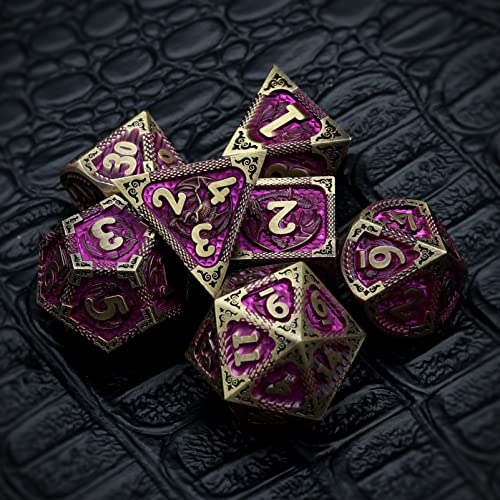 Haxtec Metal Dice Set Purple Black Dragon Pattern Metal DND Dice with Leather Dice Bag Polyhedral D&D Dice Compatible with Dungeons and Dragons TTRPG Gifts - color: Bronze Matt Purple