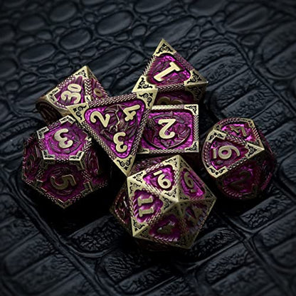 Haxtec Metal Dice Set Purple Black Dragon Pattern Metal DND Dice with Leather Dice Bag Polyhedral D&D Dice Compatible with Dungeons and Dragons TTRPG Gifts - color: Bronze Matt Purple