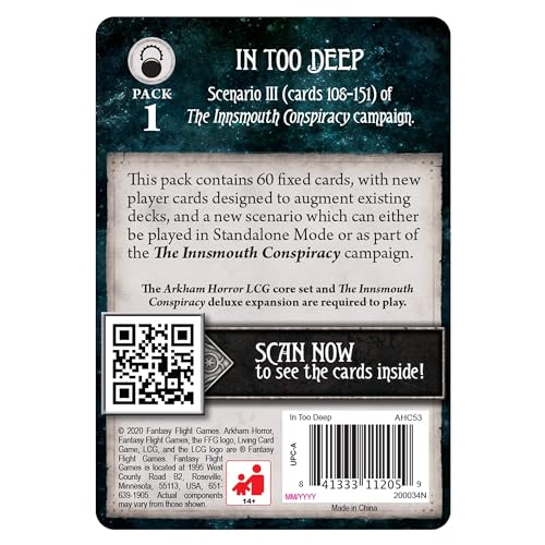 Arkham Horror The Card Game in Too Deep Mythos Pack - Unravel The Innsmouth Conspiracy! Cooperative Living Card Game, Ages 14+, 1-4 Players, 1-2 Hour Playtime, Made by Fantasy Flight Games - size: Mythos Pack, style: In Too Deep