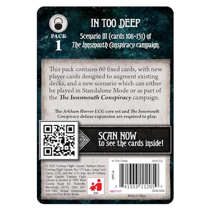 Arkham Horror The Card Game in Too Deep Mythos Pack - Unravel The Innsmouth Conspiracy! Cooperative Living Card Game, Ages 14+, 1-4 Players, 1-2 Hour Playtime, Made by Fantasy Flight Games - size: Mythos Pack, style: In Too Deep