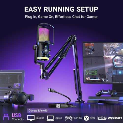 FIFINE AmpliGame AM6T Gaming USB Microphone Kit, Condenser Mic for PC/PS5 | Noise Cancellation, ChatMix Dial, Quick Mute, RGB Control, Gain Knob, Boom Arm, Monitoring, for Streaming Twitch Podcast