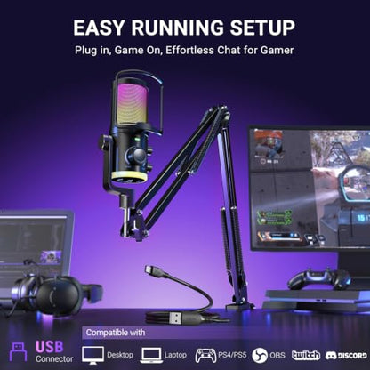 FIFINE AmpliGame AM6T Gaming USB Microphone Kit, Condenser Mic for PC/PS5 | Noise Cancellation, ChatMix Dial, Quick Mute, RGB Control, Gain Knob, Boom Arm, Monitoring, for Streaming Twitch Podcast