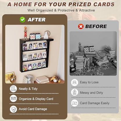 Emfogo Trading Card Display Stand for Wall, 3 Tier Wooden Graded Card Display Stand, Sports Card Display Case, Trading Card Stands for Display Collection, Black