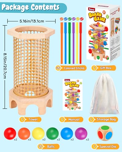 Easy-Setup Wooden Stick Montessori Tower Game for Kids 3-8 | Flexible 544-Hole Layout, Shaped No-Slip Slots, 42 Color Rods, 12 Balls, Storage Bag Included, Family Night, Ideal Gift