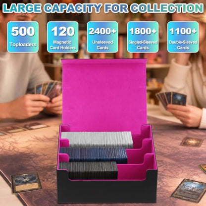 Trading Card Storage Box, Holds 1800 Sleeved Card, PU Magnetic Closure | 200 Toploaders and 600 Penny Sleeves INCLUDED, 10 Dividers and 6 Foam Stoppers INCLUDED, Fit for MTG, TCG and Sports Cards - color: Black and Fuchsia