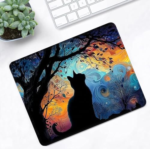 Colorful Galaxy Tree Mouse Pad, Black Cat Gaming Anti Slip Laptop Mouse Pad | High Density Smooth Surface, Anti Slip Rubber Bottom Stable And Not Displaced, Exquisite Lock Edge Wear-Resistant And Durable - color: Black Cat