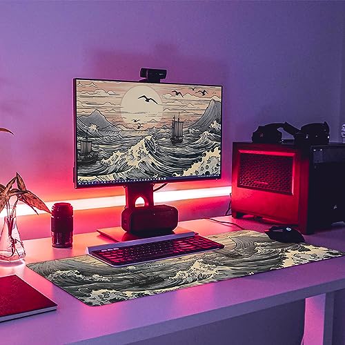 Japanese Sea Waves Large Gaming Mouse Pad,XL Mouse Pad Gaming Mouse Mat Desk Pad,31.5 x 11.8in Desk Mat Anime Mouse Pads for Desk,Extended Keyboard Pad Mousepad with Non-Slip Base and Stitched Edge - color: Japanese Waves