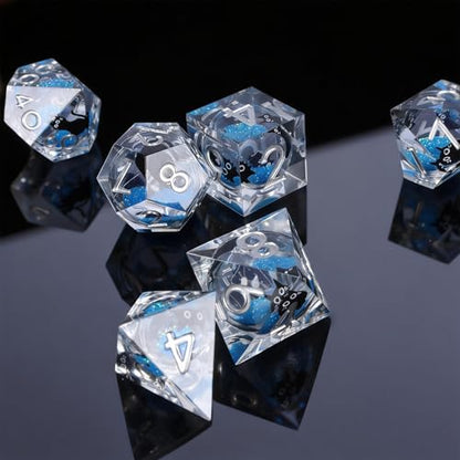 Liquid Core Dice,Cat DND Dice Set with Box,7Pcs Resin Dungeons Dragons D and D Dice, Sharp Edge Role Playing Game Dice D20 D12 D10 D8 D6 D4. (Blue) - color: Blue