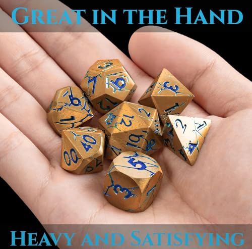 Metal Dice for DND - Ancient Cracked Pharaoh Ruins - Gold Blue Cracks | Beautiful 7pc Polyhedral Dice Set, Smooth Rolling, Role Playing Games (RPG), Compatible with D&D, for Dungeons and Dragons - color: Gold and Blue Cracks