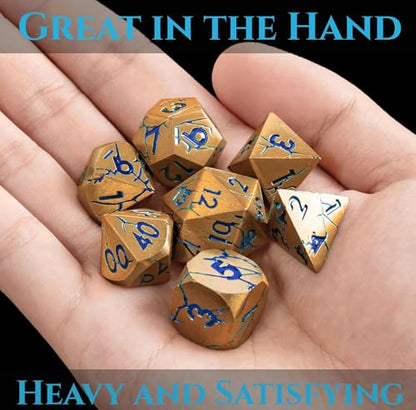 Metal Dice for DND - Ancient Cracked Pharaoh Ruins - Gold Blue Cracks | Beautiful 7pc Polyhedral Dice Set, Smooth Rolling, Role Playing Games (RPG), Compatible with D&D, for Dungeons and Dragons - color: Gold and Blue Cracks