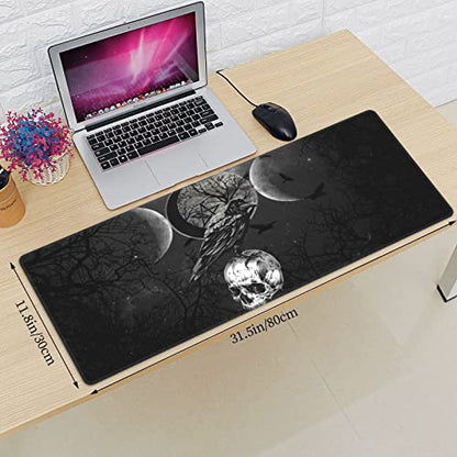 Triple Moon Mouse Pad XL Extended Desk Mat, Computer Mousepad | Triple Moon Crow Skull Galaxy Halloween Non Slip Rubber,Stitched Edge, Gaming Pc Large Mice Pad 31.5 x 11.8 Inch - color: Black24