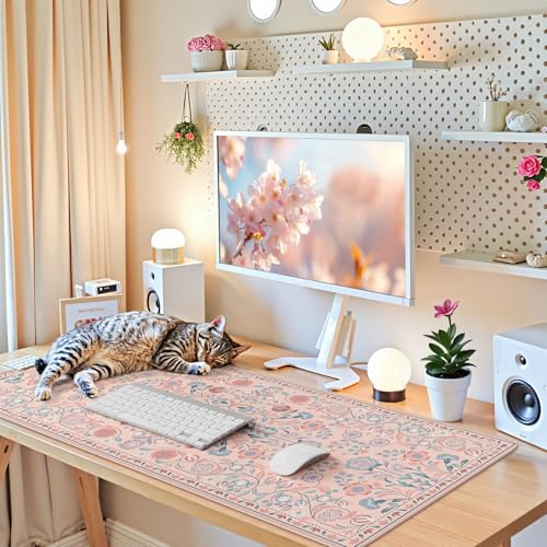 iCasso Desk Mat for Keyboard and Mouse, Large Mouse Pad, Desk Pad Mat, Anti-Slip Big Mousepad with Stitched Edges for Computer Desktop(Peach Pink) - color: Peach Pink, size: 35.4L x 15.7W inches