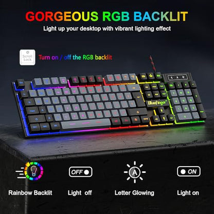 BlueFinger RGB Gaming Keyboard and Backlit Mouse Combo, USB Wired, LED Gaming Set for Laptop PC Computer Game and Work(Black & Gray) - color: Black & Gray