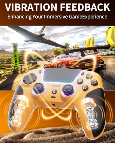 CAWOOSOO Yellow Wireless Controller Compatible for PS5/Pro/Slim/PC, Gradient Color RGB mode & haptic feedback & 1500 mAH battery & 3.5mm Audio Jack & Speaker