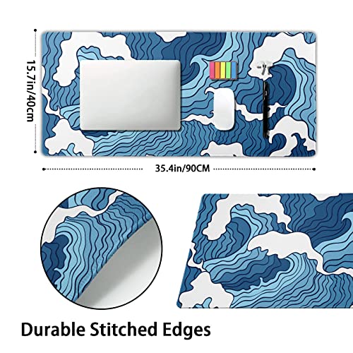 Japanese Blue and White Wave Gaming Mouse Pad XXL Anime Sea Texture Extended Large Desk Mat Big Mousepad Non-Slip Rubber Base Stitched Edge Long Mousepad for Desktop PC Computer Gamer, 35.4 x 15.7 in - color: Blue Wave, size: 15.7" x 35.4"