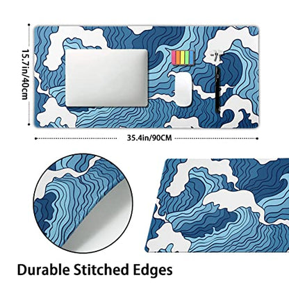 Japanese Blue and White Wave Gaming Mouse Pad XXL Anime Sea Texture Extended Large Desk Mat Big Mousepad Non-Slip Rubber Base Stitched Edge Long Mousepad for Desktop PC Computer Gamer, 35.4 x 15.7 in - color: Blue Wave, size: 15.7" x 35.4"