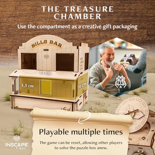 INSCAPE Wild West Riddles Cluebox Puzzle Box for Adults Wooden Escape Room | Western-themed Wooden Brain Teaser Game - Hidden Compartments Unlock Step By Step - Gift Idea For Men And Women