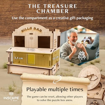 INSCAPE Wild West Riddles Cluebox Puzzle Box for Adults Wooden Escape Room | Western-themed Wooden Brain Teaser Game - Hidden Compartments Unlock Step By Step - Gift Idea For Men And Women