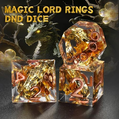 FONVGOGO Magic Lord Rings D and D Dice Set, Sharp Edge Resin DND Dice with Box 7Pcs Dungeons and Dragons Polyhedral Dice Set for Role Playing Game Gift Tabletop Games (Ring Copper) - color: Ring Copper