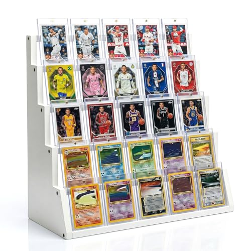 5 Tier Wooden Card Display Stand – Vertical Card Holder Display for Trading Cards, Game Cards, Sports Cards, Graded PSA/BGS/SGC, Baseball, Basketball&Football(Soccer) Card Stand, Desk & Shelf Organize,White - color: White, size: 1 Pack