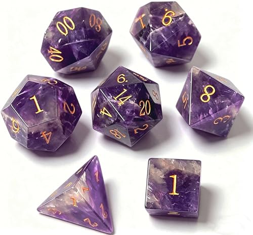Natural Gemstone DND Dice Set,7 Pcs Amethyst Crystal Handmade Polyhedral D&D gem Dices with Gift Metal Box for Dungeons and Dragons MTG Role Playing Games Natural Stone d and d Dice - color: Amethyst