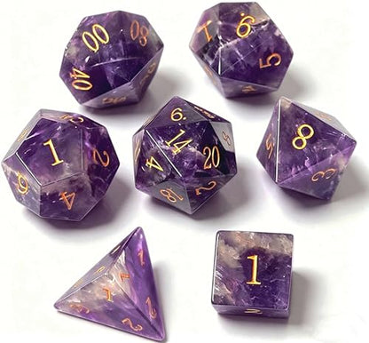 Natural Gemstone DND Dice Set,7 Pcs Amethyst Crystal Handmade Polyhedral D&D gem Dices with Gift Metal Box for Dungeons and Dragons MTG Role Playing Games Natural Stone d and d Dice - color: Amethyst
