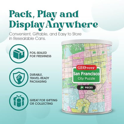 Geotoys San Francisco Mini City Puzzle - 100 Piece Puzzles for Kids and Adults in Portable Can, 13" x 10" Educational Travel Puzzle for Ages 7 and Up - Mini Puzzles to Learn & Explore Geography - style: San Francisco