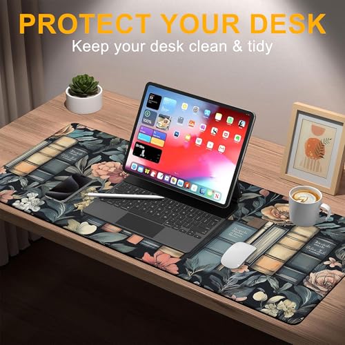Large Mouse Pad Retro Books and Flower Waterproof Extra Large Mousepad with Stitched Edges Non-Slip Rubber Base Computer Protector Desk Pad for School Office Home 35.4"X 15.7" - color: Mystical Gothic Library