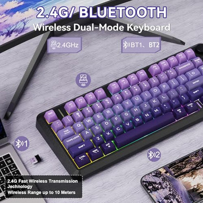 ZIYOU LANG M75 Wireless Gaming Keyboard, RGB Backlit Rechargeable 2000mAh Battery, Small Membrane But Mechanical Feel Keyboard with Smart Display & Knob, PBT Gradient keycaps for PC, MAC-Grape Purple - color: Grape Purple