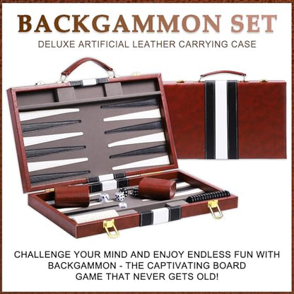 Backgammon Sets for Adults, 15 inch Backgammon Brown Sets Classic Board Game with Premium Leather Case, Portable Travels Strategy Backgammon Game Set for Adults, Kids (Brown) - color: Brown