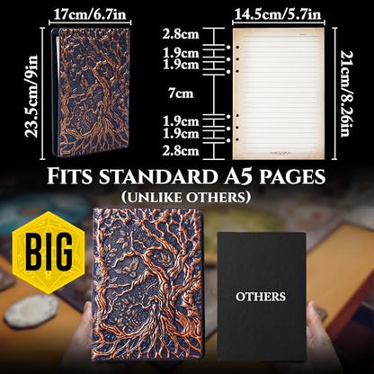 Notebook Journal, Refillable Binder for DND - 3D Tree of Life Design (A5) | A5 400 Pages (200 Sheets), Perfect for Dungeons and Dragons (D&D), Bonus Tabs and Ruler, for Players and DM's - color: Navy Gold